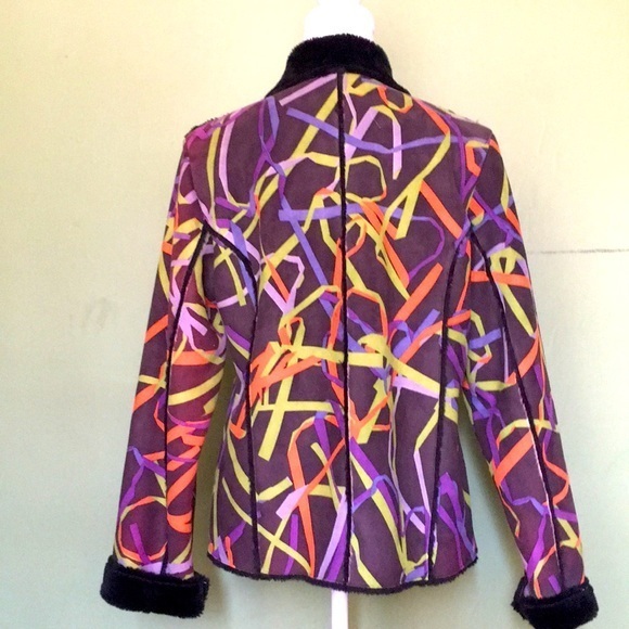 Faux suede multi colored jacket with black cuffs and‎ collar - Picture 4 of 7